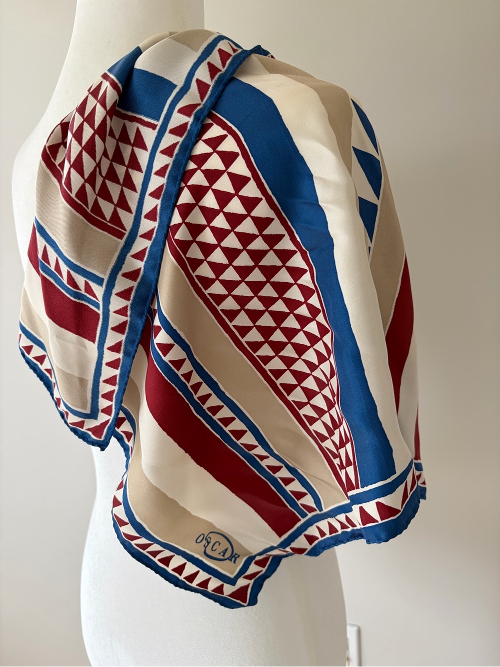 Oscar de la Renta Geometric Silk Scarf in Burgandy, Blue, Cream 20” square